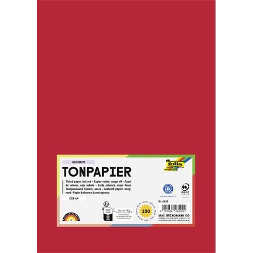 Farebný papier, A4, 130 g, 100 listov, FOLIA, jasný červený