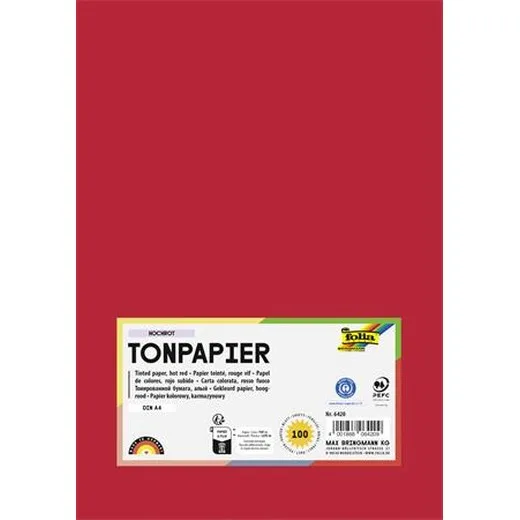 Farebný papier,  A4, 130 g, 100 listov, FOLIA, jasný červený