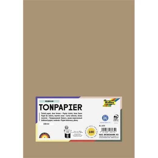 Farebný papier, A4, 130 g, 100 listov, FOLIA, prírodný hnedý
