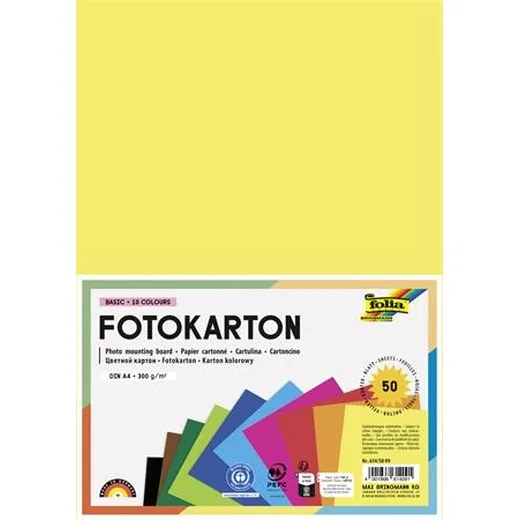 Dekoračný kartón, 2 stranný, A4, 300 g, 10x5 listov, FOLIA, rôzne farby