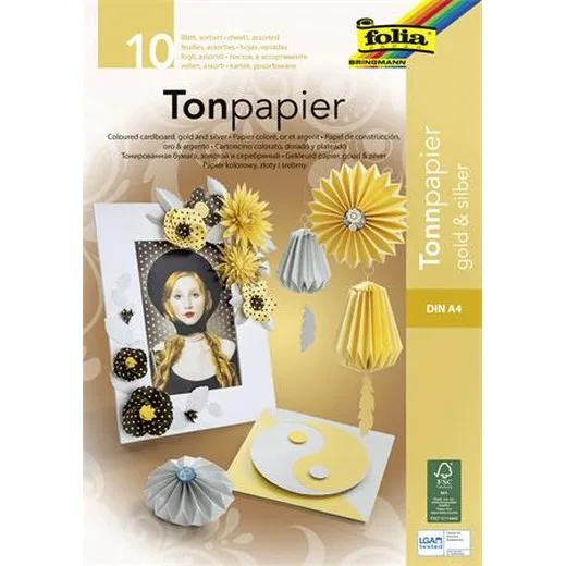 Farebný papier, A4, 130 g, 10 listov, FOLIA, zlatý-strieborný