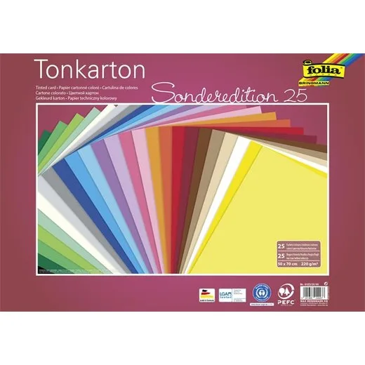 Dekoračný kartón, 2 stranný, 50x70 cm, 220 g, 25 listov, FOLIA, rôzne farby