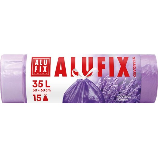 Vrecia na odpadky, zaťahovacie, parfumované, 35 l, 15 ks, 50x60 cm, 15 µ, ALUFIX, levanduľa