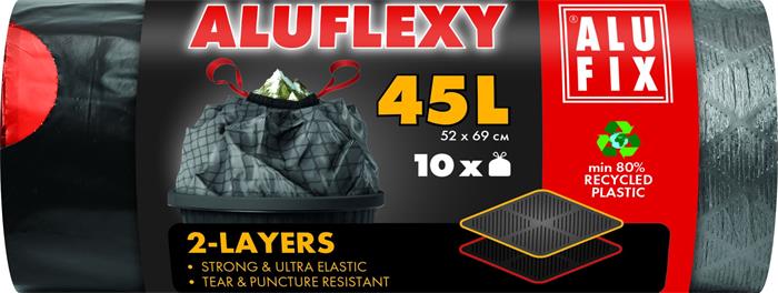 Vrecia na odpadky, zaťahovacie, dvojvrstvové, 45 l, 10 ks, 52x69 cm, 28 µ, ALUFIX "Aluflexy"