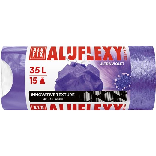 Vrecia na odpadky, zaťahovacie, LDPE, parfumované, 35 l, 15 ks, 53x53 cm, 20 µ, ALUFIX "Aluflexy", fialové