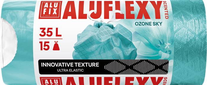 Vrecia na odpadky, zaťahovacie, LDPE, parfumované, 35 l, 15 ks, 53x53 cm, 20 µ, ALUFIX "Aluflexy", tyrkysové