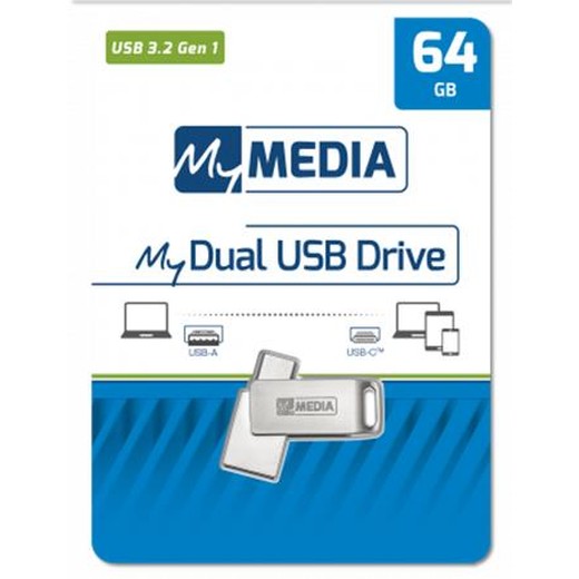 USB kľúč, 64GB, USB 3.2 Gen1+ USB-C, hliníkový kryt, MYMEDIA "Dual" (by VERBATIM)