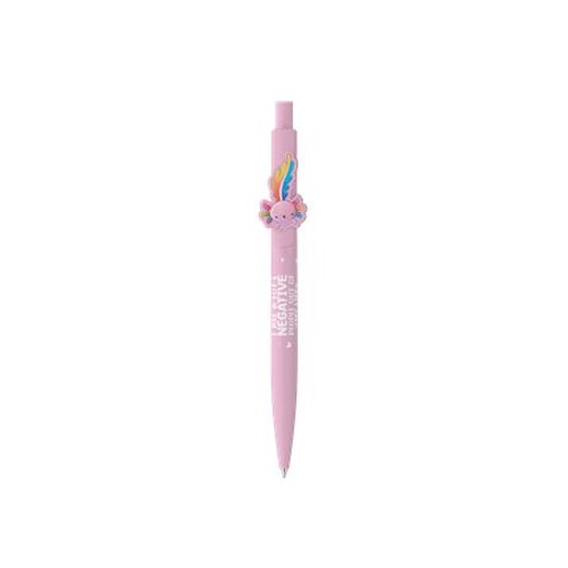 Guľôčkové pero, 0,8 mm, stláčací mechanizmus, ružové telo pera, ICO "Axolotl", modré