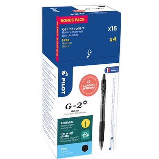 Gélové pero, 0,25 mm, stláčací mechanizmus, PILOT "G-2", 20 ks, čierne