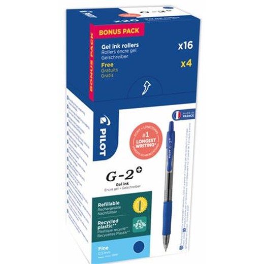 Gélové pero, 0,32 mm, stláčací mechanizmus, PILOT "G-2", 20 ks, modré