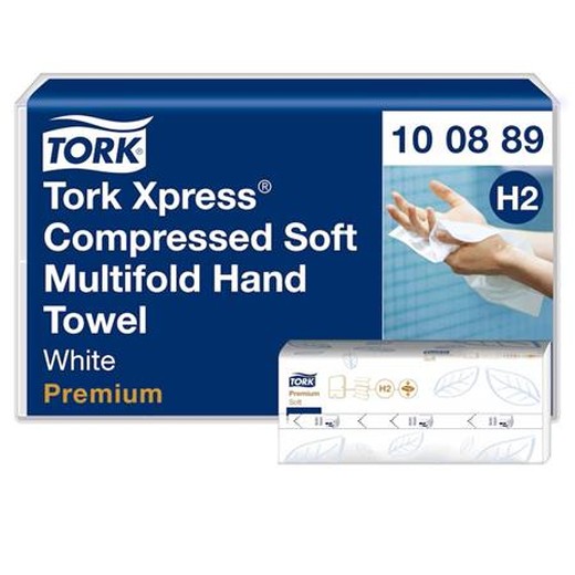 Papierové utierky, stlačené, Interfold, 2-vrstvové, 225 útržkov, H2 systém, Premium, TORK "Xpress Soft Multifold", biele