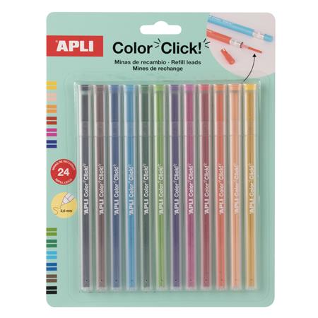 Náhradné tuhy do farebných mechanických ceruziek, APLI "Color Click", 24 ks, 12 farieb