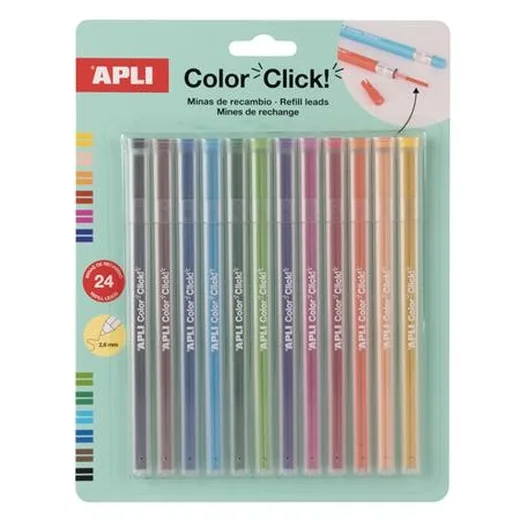 Náhradné tuhy do farebných mechanických ceruziek, APLI "Color Click", 24 ks, 12 farieb