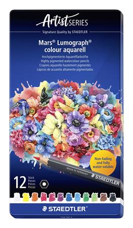 Akvarelové ceruzky, sada, šesťhranné, plechová krabička, STAEDTLER "Mars® Lumograph® 104", 12 rôznych farieb