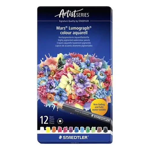 Akvarelové ceruzky, sada, šesťhranné, plechová krabička, STAEDTLER "Mars® Lumograph® 104", 12 rôznych farieb