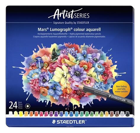 Akvarelové ceruzky, sada, šesťhranné, plechová krabička, STAEDTLER "Mars® Lumograph® 104", 24 rôznych farieb
