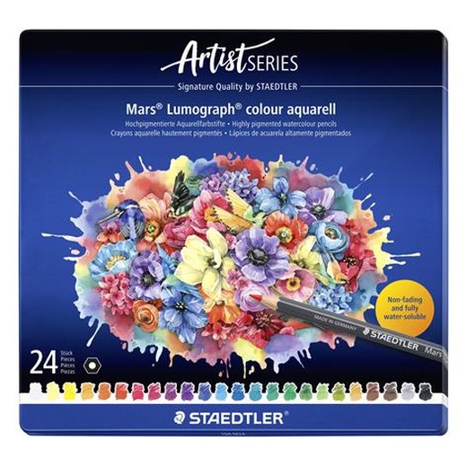 Akvarelové ceruzky, sada, šesťhranné, plechová krabička, STAEDTLER "Mars® Lumograph® 104", 24 rôznych farieb