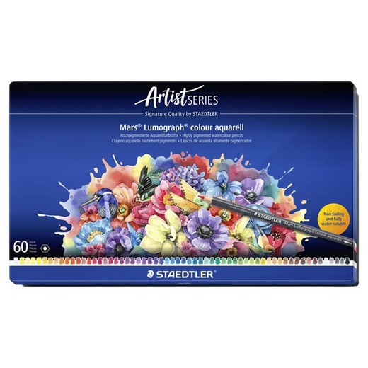 Akvarelové ceruzky, sada, šesťhranné, plechová krabička, STAEDTLER "Mars® Lumograph® 104", 60 rôznych farieb