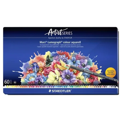 Akvarelové ceruzky, sada, šesťhranné, plechová krabička, STAEDTLER "Mars® Lumograph® 104", 60 rôznych farieb