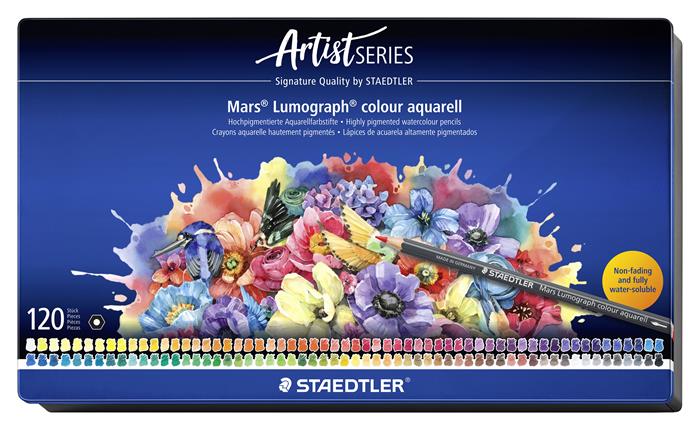 Akvarelové ceruzky, sada, šesťhranné, plechová krabička, STAEDTLER "Mars® Lumograph® 104", 120 rôznych farieb