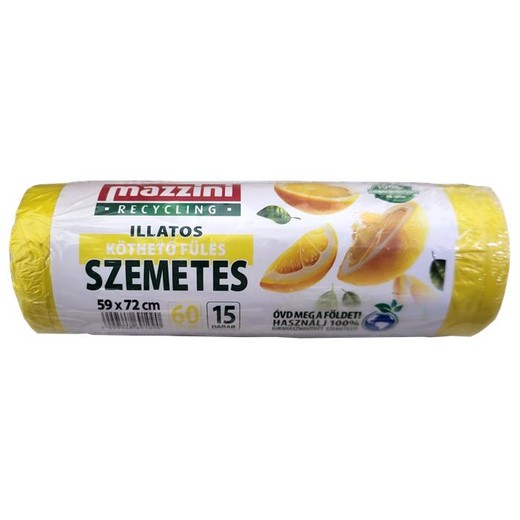 Vrecia na odpadky, recyklované, s uškom, parfumované, 60 l, 15 ks, 59x72 cm, 13 µ, MAZZINI, citrusová vôňa