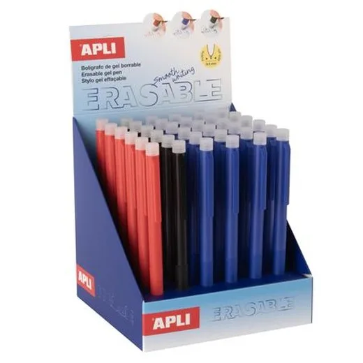 Gélové pero, displej, 0,5 mm, stláčací mechanizmus, gumovateľné, APLI "Erasable", mix farieb