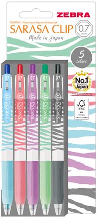 Gélové pero, sada, 0,33 mm, stláčací mechanizmus, pruhované telo, ZEBRA "Sarasa Clip Pastel", 5 pastelových farieb