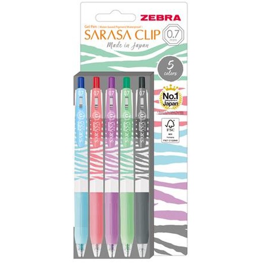 Gélové pero, sada, 0,33 mm, stláčací mechanizmus, pruhované telo, ZEBRA "Sarasa Clip Pastel", 5 pastelových farieb