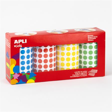 Nálepky, okrúhle, 10,5 mm, APLI Kids "Stickers", 4 rolky, mix farieb