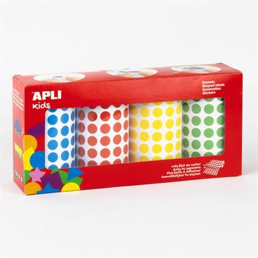 Nálepky, okrúhle, 10,5 mm, APLI Kids "Stickers", 4 rolky, mix farieb