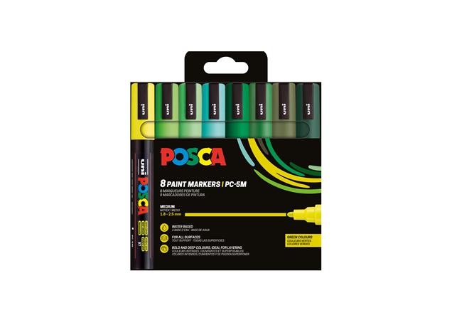 Dekoračný popisovač, sada, 1,8-2,5 mm, UNI "Posca PC-5M", 8 rôznych zelených farieb