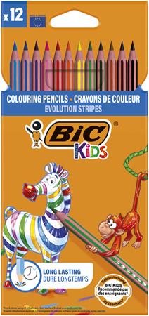 Farebné ceruzky, sada, BIC KIDS "Evolution Stripes", 12 rôznych farieb
