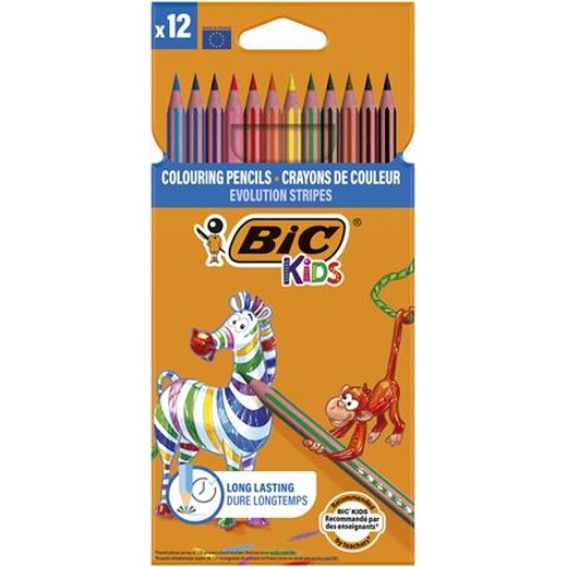 Farebné ceruzky, sada, BIC KIDS "Evolution Stripes", 12 rôznych farieb