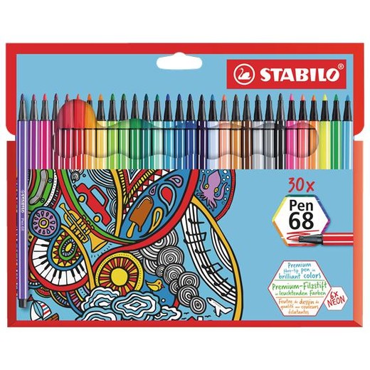 Popisovač, sada, 1 mm, STABILO "Pen 68", 30 rôznych farieb