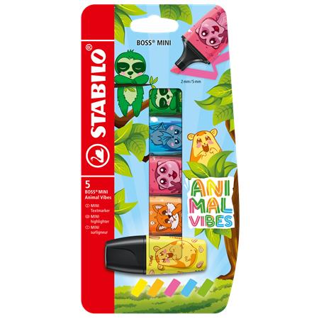 Zvýrazňovač, sada, 2-5 mm, STABILO "Boss Mini Animal Vibes", 5 rôznych farieb