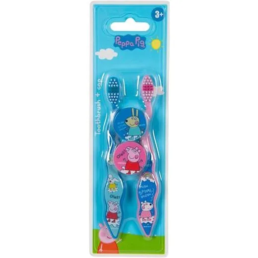 Zubná kefka, pre deti, mäkká, 2 ks, s krytkou, 3+, "Peppa Pig"