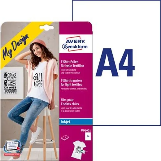 Nažehľovacia fólia, A4, do atramentových tlačiarní, na svetlý textil, AVERY ZWECKFORM