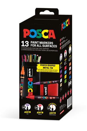 Dekoračný popisovač, sada, v kovovej krabičke, UNI "Posca", 13 rôznych farieb
