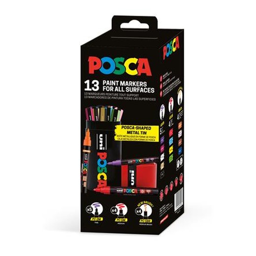 Dekoračný popisovač, sada, v kovovej krabičke, UNI "Posca", 13 rôznych farieb