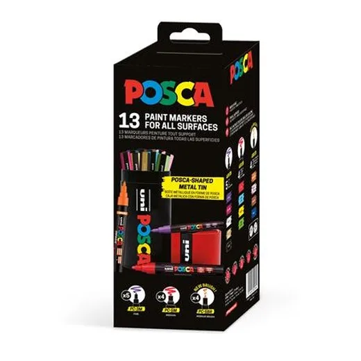 Dekoračný popisovač, sada, v kovovej krabičke, UNI "Posca", 13 rôznych farieb