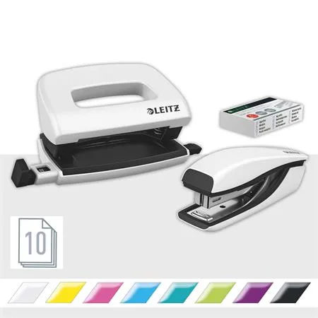 Zošívačka a dierovačka, set, 10 listov, kovový, LEITZ "Wow Mini", biela 2