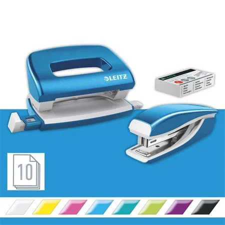 Zošívačka a dierovačka, set, 10 listov, kovový, LEITZ "Wow Mini", modrá 2