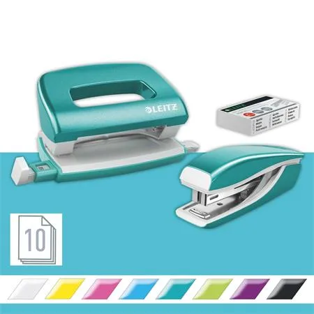 Zošívačka a dierovačka, set, 10 listov, kovový, LEITZ "Wow Mini", ladovo modrá 2