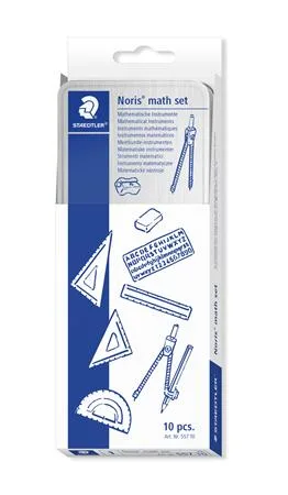 Matematická sada, v kovovej krabičke, 10-kusová, s pravítkom, kružidlom a príslušenstvom, STAEDTLER® "557 10" 2