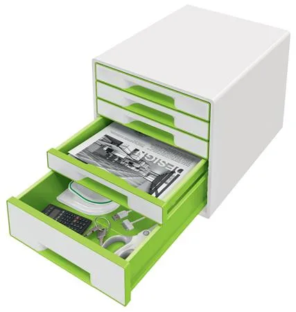 Zásuvkový box, plastový, 5 zásuviek, LEITZ "Wow Cube", biela/zelená 2