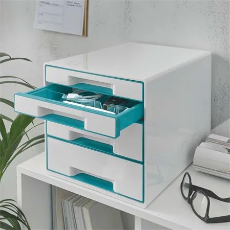 Zásuvkový box na dokumenty, plastový, 4 zásuvky, LEITZ "Wow Cube, biela/ľadovo modrá 2