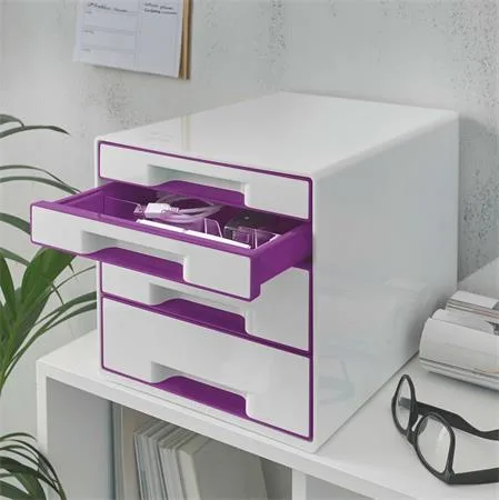 Zásuvkový box na dokumenty, plastový, 4 zásuvky, LEITZ "Wow Cube, biela/fialová 2