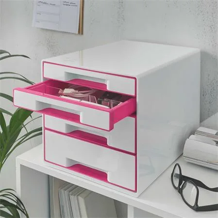 Zásuvkový box na dokumenty, plastový, 4 zásuvky, LEITZ "Wow Cube", biely/ružový 2