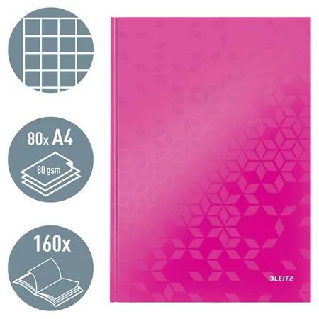 Záznamová kniha, A4, štvorčeková, 80 listov, tvrdá obálka, LEITZ "Wow", ružová 2