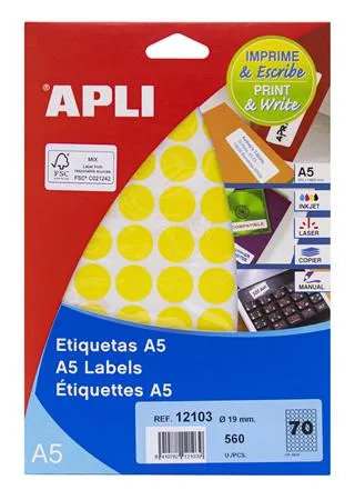 Etikety, okrúhle, priemer: 19 mm, farebné, na liste formátu A5, APLI, žlté, 560 etikiet/bal 2